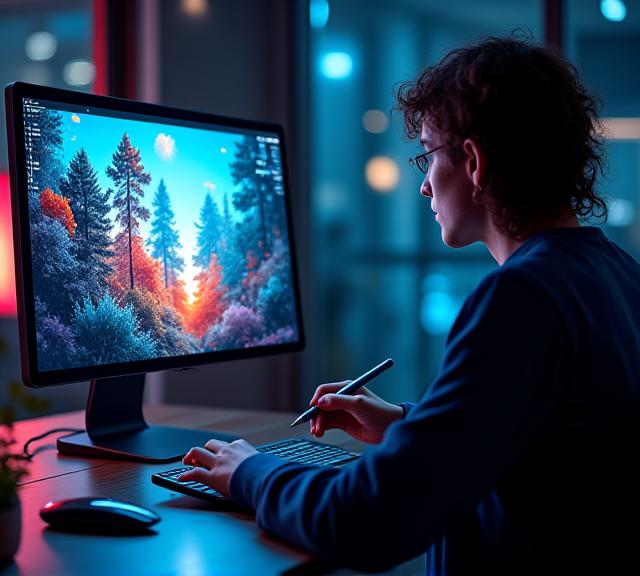 Artist working on a complex digital illustration in a dark modern studio