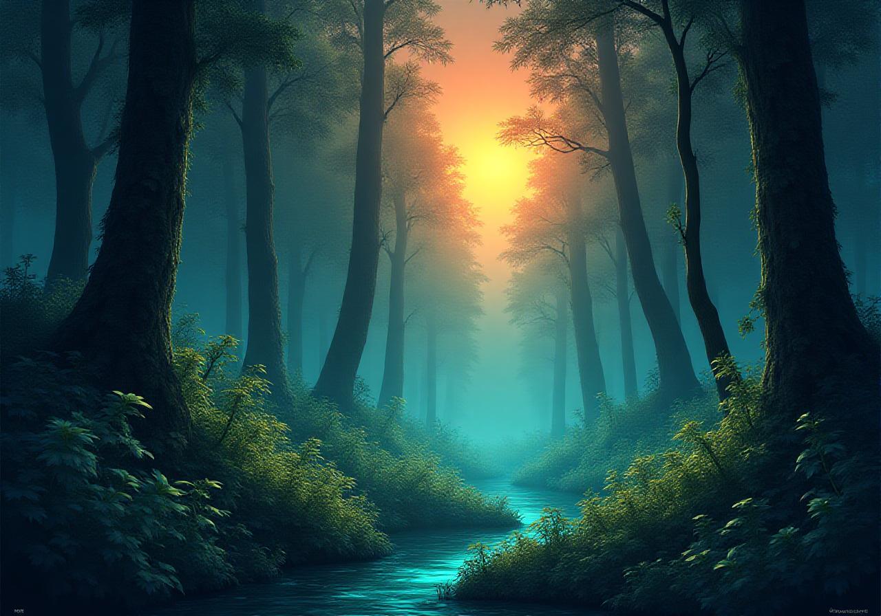 Stunning digital illustration of a neon-lit mystical forest