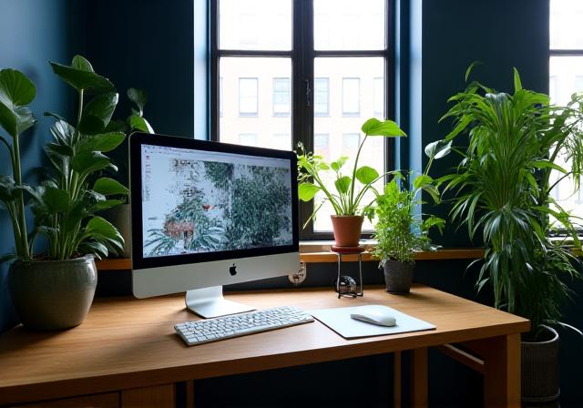 A wide view of the Verdant Strokes Studio studio in Brooklyn featuring plants and electronics