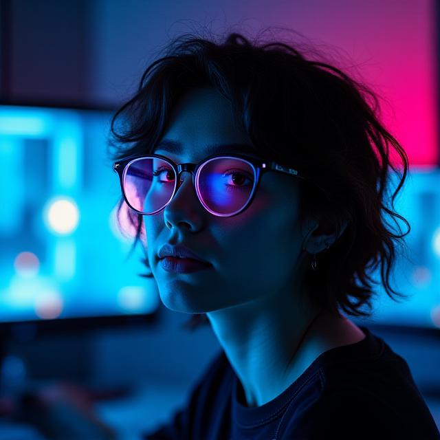 Lead artist of Verdant Strokes Studio in a neon-lit creative studio